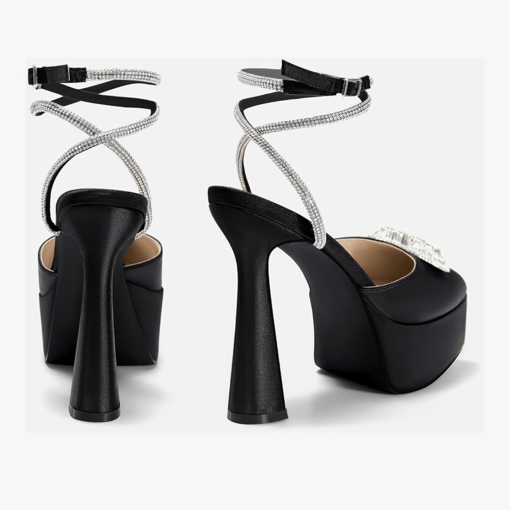 Rhinestone Triple Heart Platform Ankle Strap Pointed Toe Party Statement Heel 9 - Picture 2 of 13